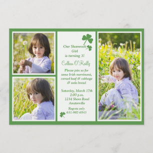 Shamrock 3-Photo Birthday Party Invitation Kaart