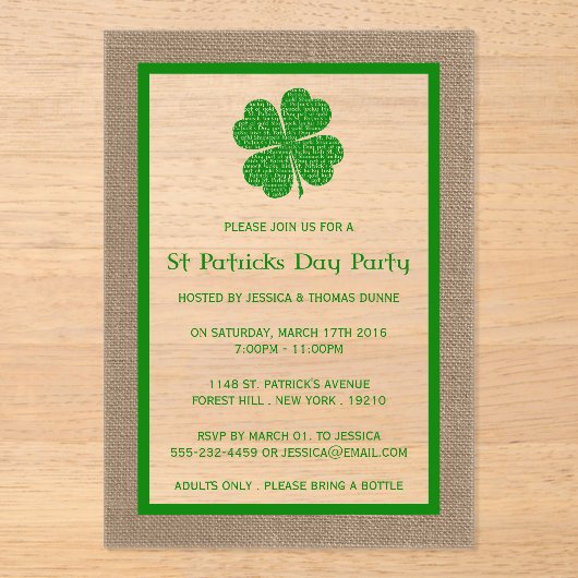 Shamrock & Burlap St. Patrick's Day Acryl Uitnodigingen (Voorkant)