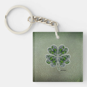 Shamrock Colover St.Patrick`s Day Groen Leer Sleutelhanger