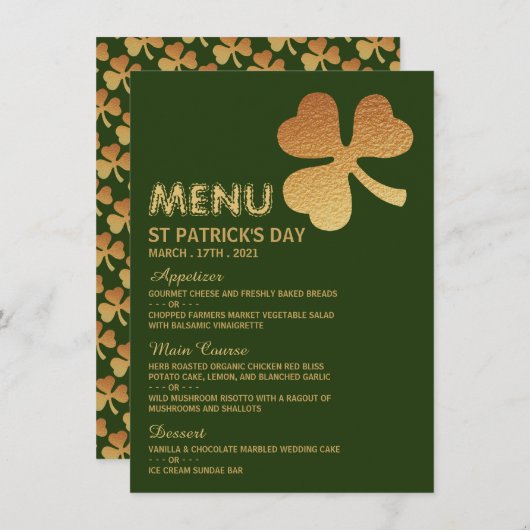 Shamrock Gold Foil, carte de menu St Patrick's Day (Devant / Derrière)