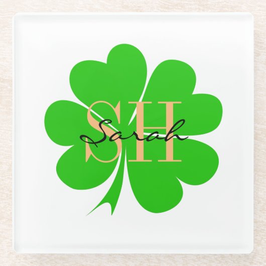 Shamrock & Lucky Clover leaf monogrammed/Irish Glazen Onderzetter (Voorkant)