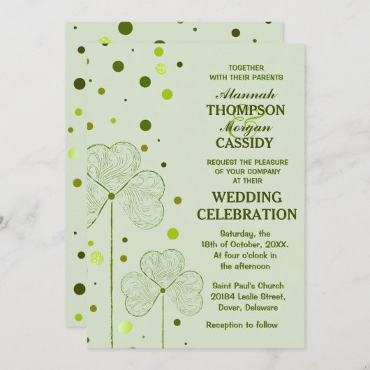 Shamrock Polka Dots Huwelijksuitnodiging 2 Kaart (Voorkant / Achterkant)