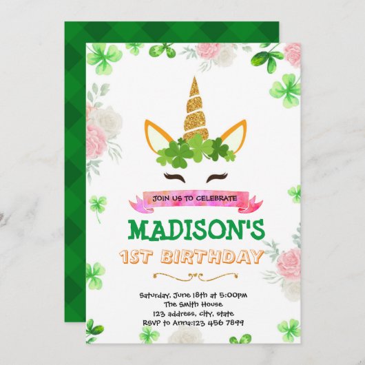 Shamrock unicorn-uitnodiging kaart (Voorkant / Achterkant)