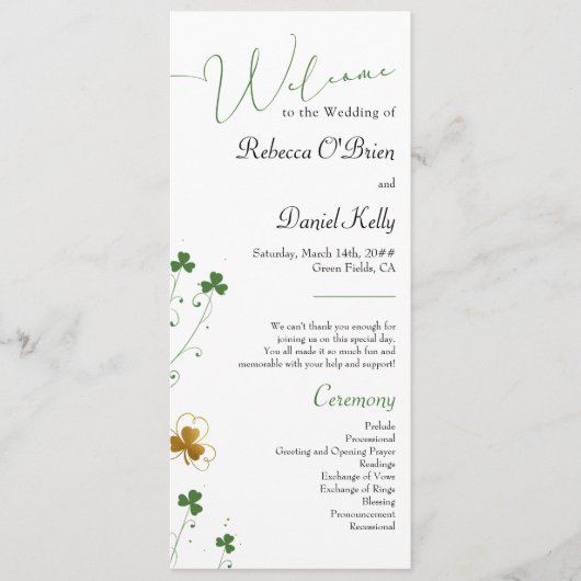 Shamrock Wildflower Groen en Goud Elegant Bruiloft Programma (Voorkant)