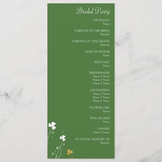 Shamrock Wildflower Groen en Goud Elegant Bruiloft Programma (Achterkant)