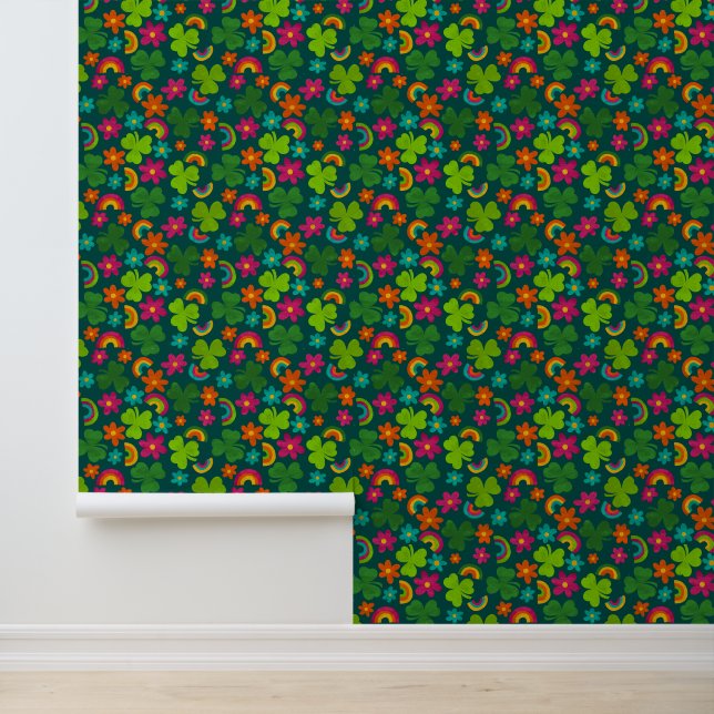 Shamrocks, Bloemen en Regenbogen St. Patrick's Day Behang (Applicatie)
