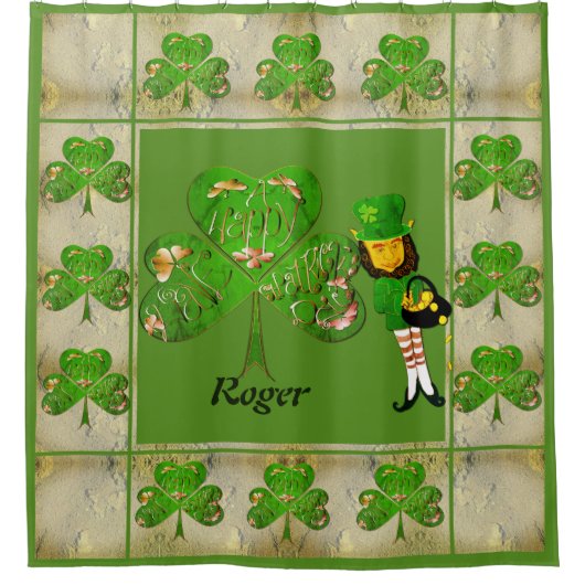 Shamrocks & een Leprechaun douchegordijn (Voorkant)