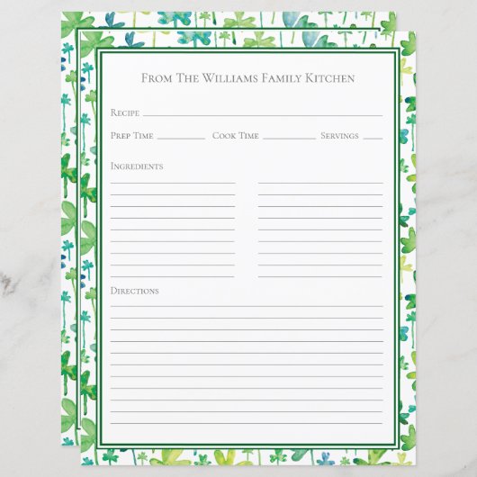 Shamrocks Green White Recipe Paper Sheet (Voorkant / Achterkant)