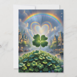 Shamrocks in een dorp met een regenboog in de luch feestdagenkaart