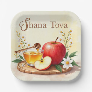 Shana Tova Rosh Hashanah Appel en Honingbloemen Papieren Bordje