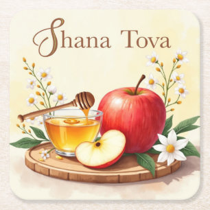 Shana Tova Rosh Hashanah Appel en Honingbloemen Vierkante Kartonnen Onderzetter