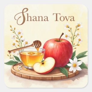 Shana Tova Rosh Hashanah Appel en Honingbloemen Vierkante Sticker