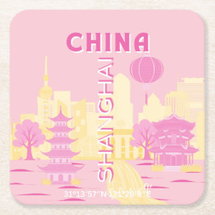 Shanghai China Reis Roze Poster Vierkante Kartonnen Onderzetter