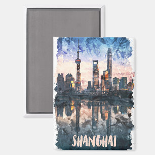 Shanghai China Silhouette Waterverfschilderij Magneet