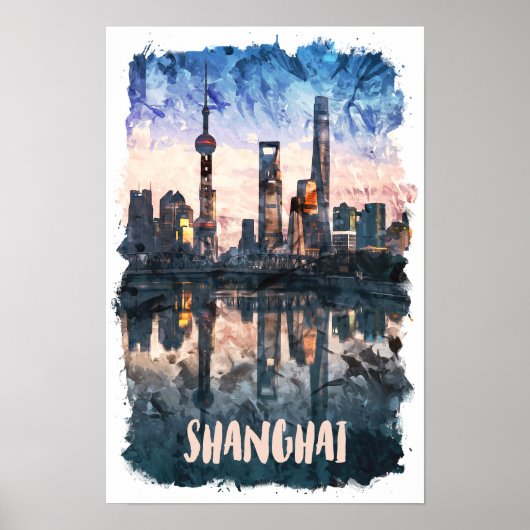 Shanghai China Skyline Watercolor Art Print (Voorkant)