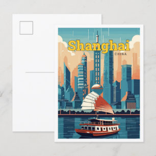 Shanghai China Travel Art Vintage Illustratie Briefkaart