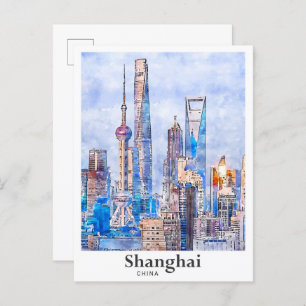 Shanghai China Travel Waterverf Sketch Hand geteke Briefkaart