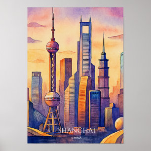 Shanghai Silhouet China Reis Aquarel Poster