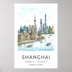 Shanghai Silhouette Muurkunst, Waterverf Stadsgezi Poster