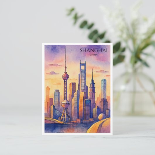 Shanghai Skyline China Travel Waterverf Feestdagenkaart (Staand voorkant)