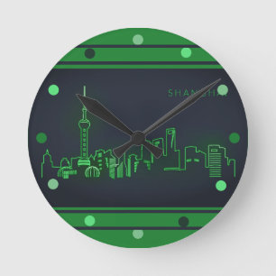 Shanghai Skyline Green Neon Kijk naar de muur van Ronde Klok