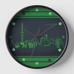 Shanghai Skyline Green Neon look Cityscape Wall R