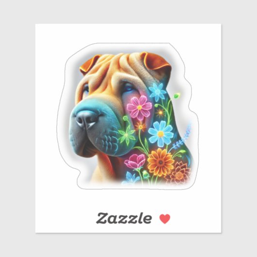 Shar-Pei avec Sticker Fleurs (Feuille)