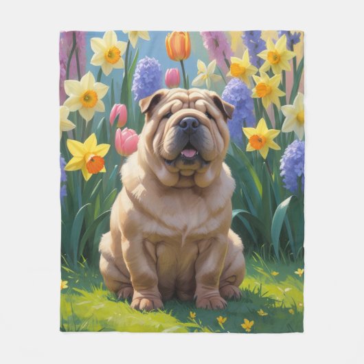 Shar Pei Dog Spring Bloemen Schilderen Fleece Deken