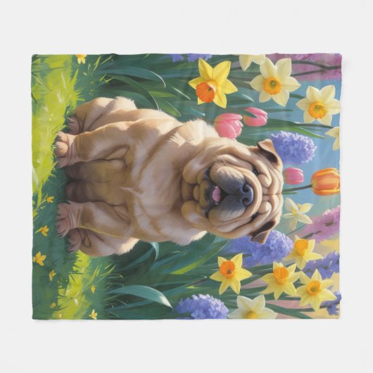 Shar Pei Dog Spring Bloemen Schilderen Fleece Deken (Voorkant (Horizontaal))