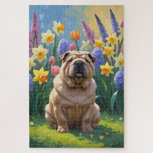 Shar Pei Dog Spring Bloemen Schilderen Legpuzzel (Verticaal)