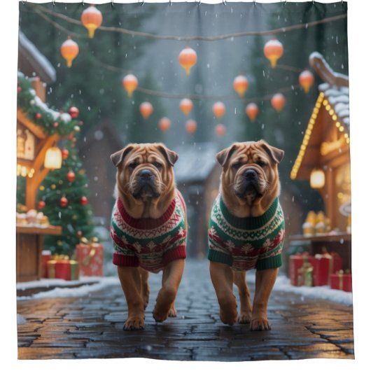 Shar Pei Dogs Christmas Snow Holiday Douchegordijn (Voorkant)