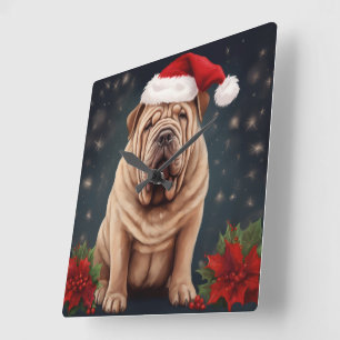 Shar Pei Hond in Sneeuw Kerstmis Vierkante Klok