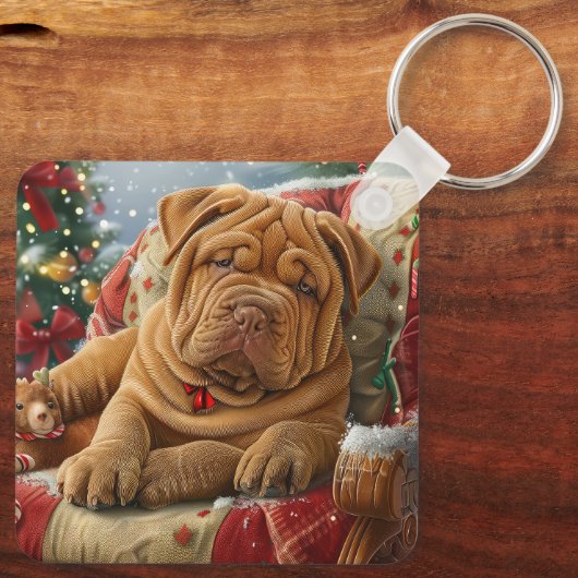 Shar Pei Hond Kerstfeest Sleutelhanger (Achterkant)