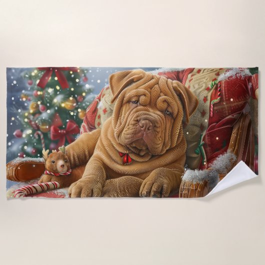 Shar Pei Hond Kerstfeest Strandlaken (Voorkant)