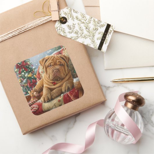 Shar Pei Hond Kerstfeest Vierkante Sticker (Geschenken)