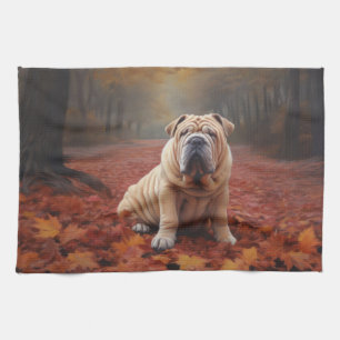 Shar Pei in herfstbladeren Herfst Inspire Theedoek
