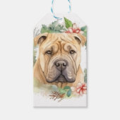 Shar Pei Kerstkrans Feestelijke Pup Cadeaulabel (Voorkant)