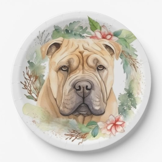 Shar Pei Kerstkrans Feestelijke Pup Papieren Bordje (Voorkant)