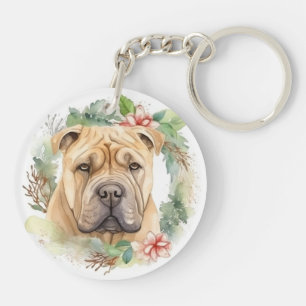 Shar Pei Kerstkrans Feestelijke Pup Sleutelhanger