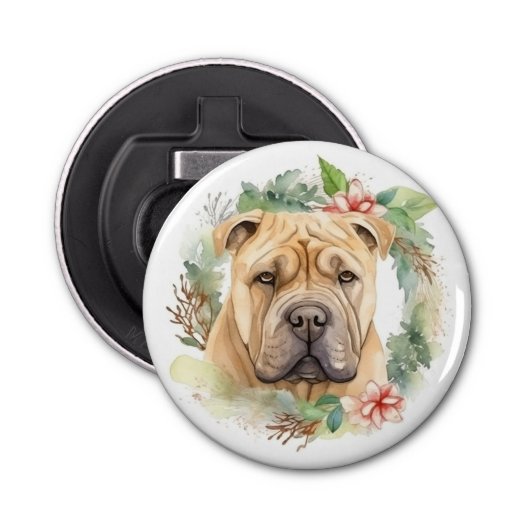 Shar Pei Kerstkrans Festieve Pup Button Flesopener (Voorkant)
