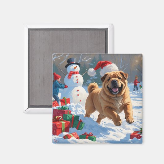 Shar Pei loopt in de sneeuw met kerst Pet Magneet (Voorkant / Achterkant)