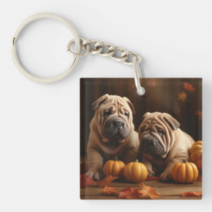 Shar Pei Puppy Herfst Delight Pompoen Sleutelhanger