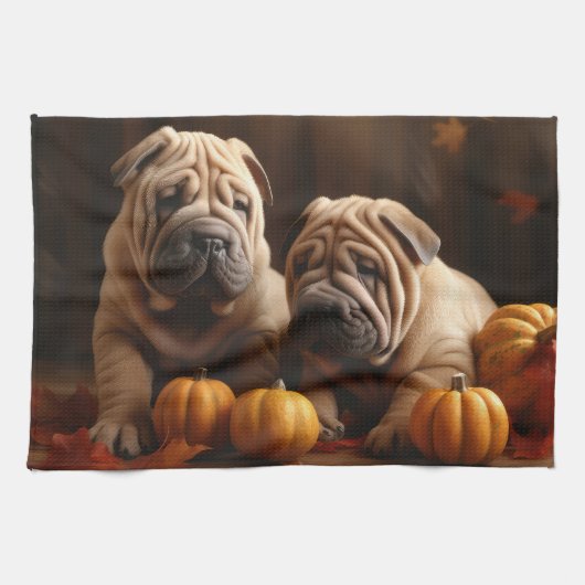 Shar Pei Puppy Herfst Delight Pompoen Theedoek (Horizontaal)