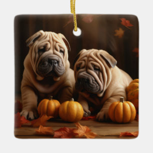 Shar Pei Puppy Herfst Plezier Pompoen Keramisch Ornament