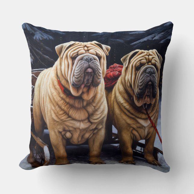 Shar Pei Snowy Sleigh Kerst Decor Kussen (Voorkant)