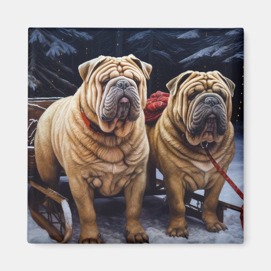 Shar Pei Snowy Sleigh Kerst Decor Magneet (Voorkant)