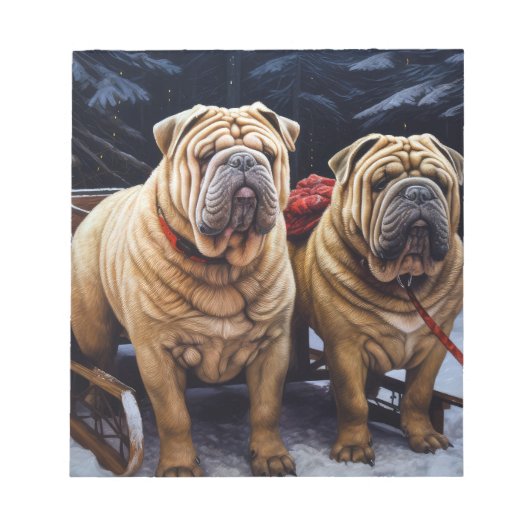 Shar Pei Snowy Sleigh Kerst Decor Notitieblok (Voorkant)
