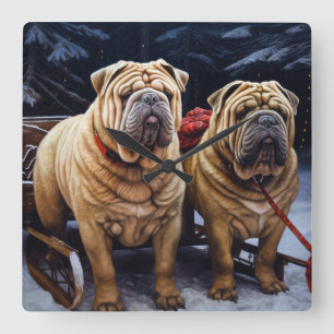 Shar Pei Snowy Sleigh Kerst Decor Vierkante Klok