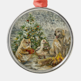 Shared Warmth Whimsical Farmhouse Animals Campfire Metalen Ornament