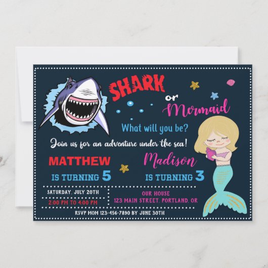 Shark and mermaid verjaardagsfeest gezamenlijke pa kaart (Voorkant)
